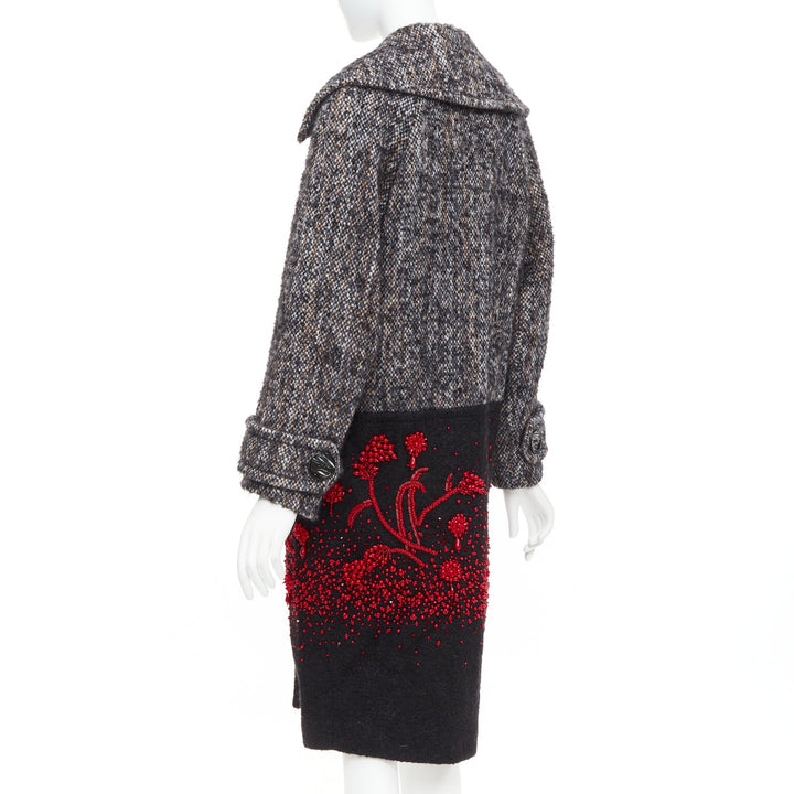 PRADA 2017 speckled wool tweed red bead embellishment hem long coat IT38 XS