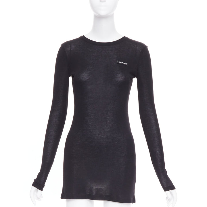 MIU MIU 2022 black white logo tab crew neck long sleeve tshirt dress IT36 XXS