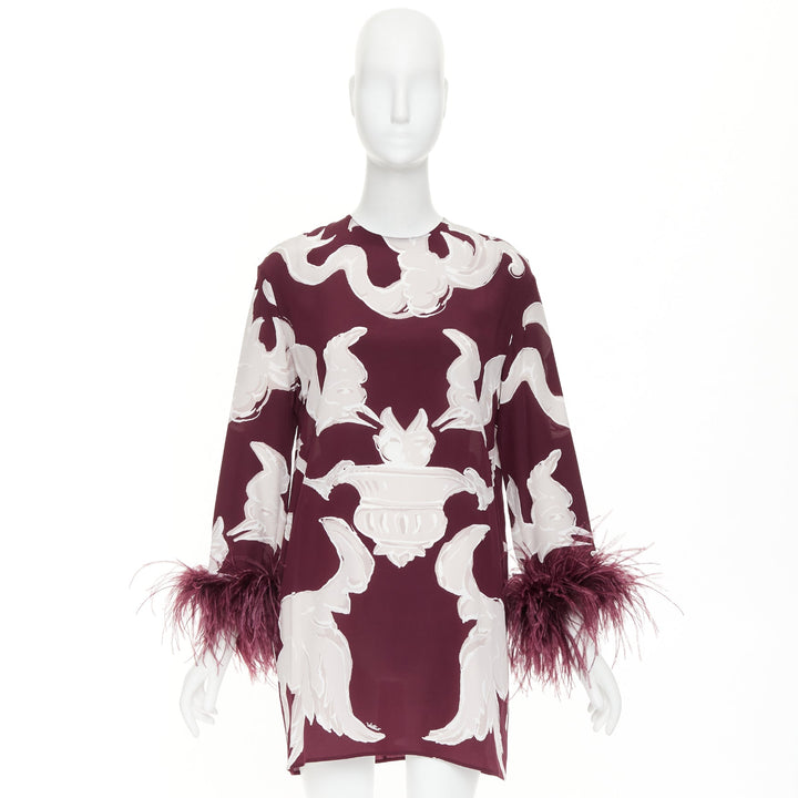 VALENTINO 2024 Runway Metamorphosis Gryphon print feather cuff silk dress IT40 S