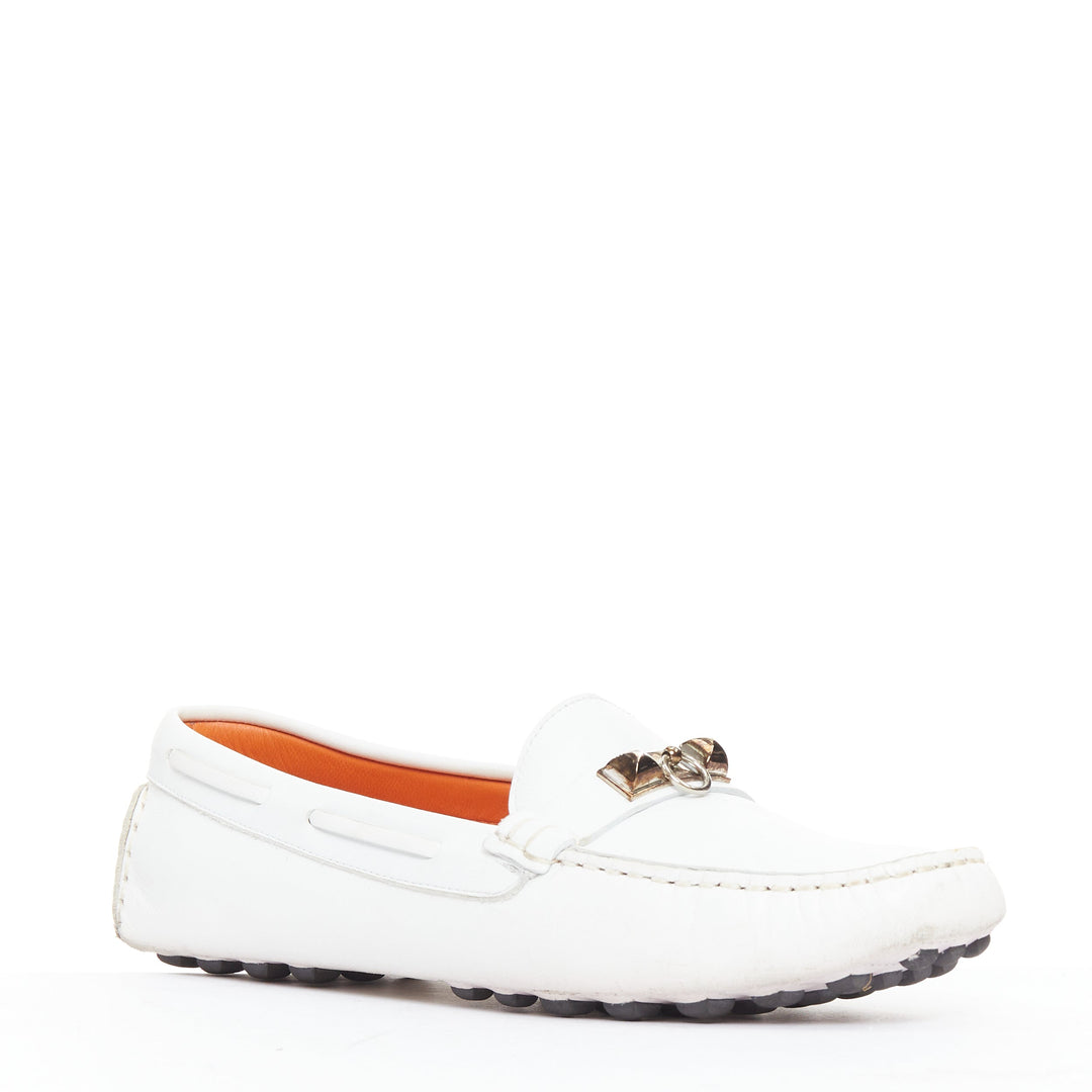 HERMES Irving white swift leather silver stud driving loafers EU35.5