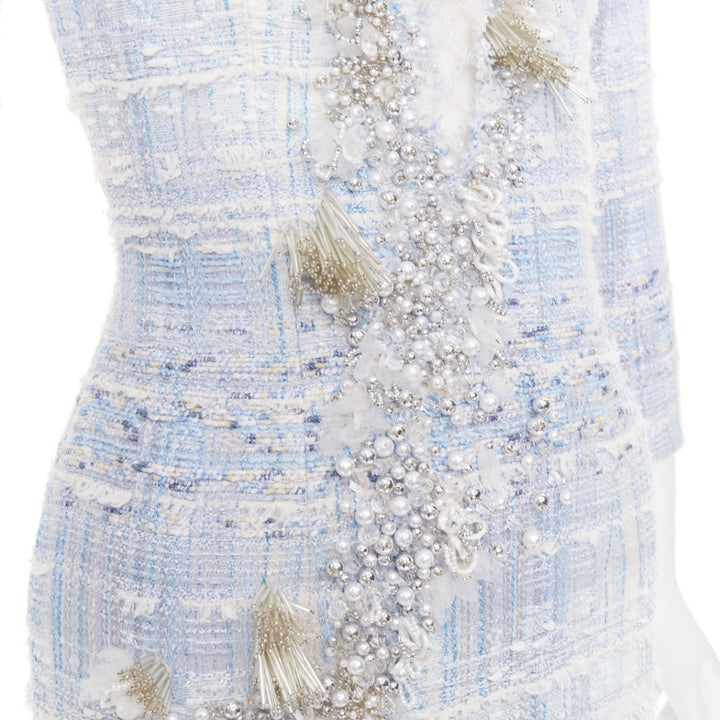 rare BALMAIN blue white tweed pearl bead embellished plunge mesh dress FR34 XS