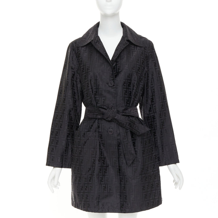 FENDI 1990s Vintage black cotton nylon FF Zucca monogram belt trench coat IT40 S