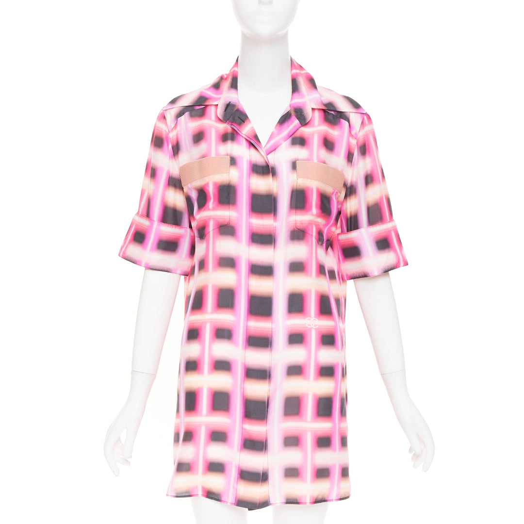 CHANEL 2017 Runway neon pink plaid digital graffiti silk blouse dress FR38 M