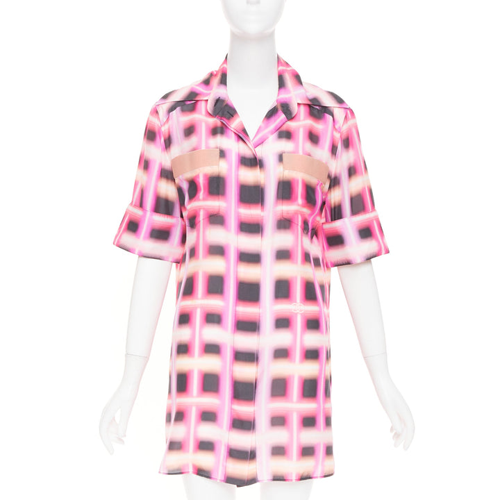 CHANEL 2017 Runway neon pink plaid digital graffiti silk blouse dress FR38 M