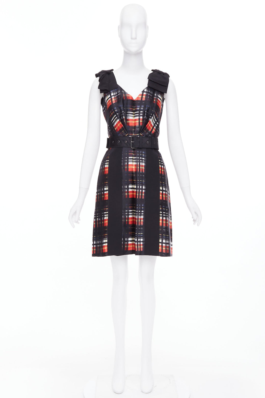 PRADA 2015 Runway Vampire black red wool silk bow shoulder belted dress IT38 XS