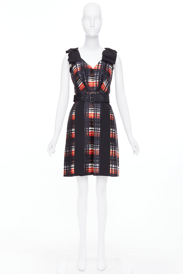 PRADA 2015 Runway Vampire black red wool silk bow shoulder belted dress IT38 XS