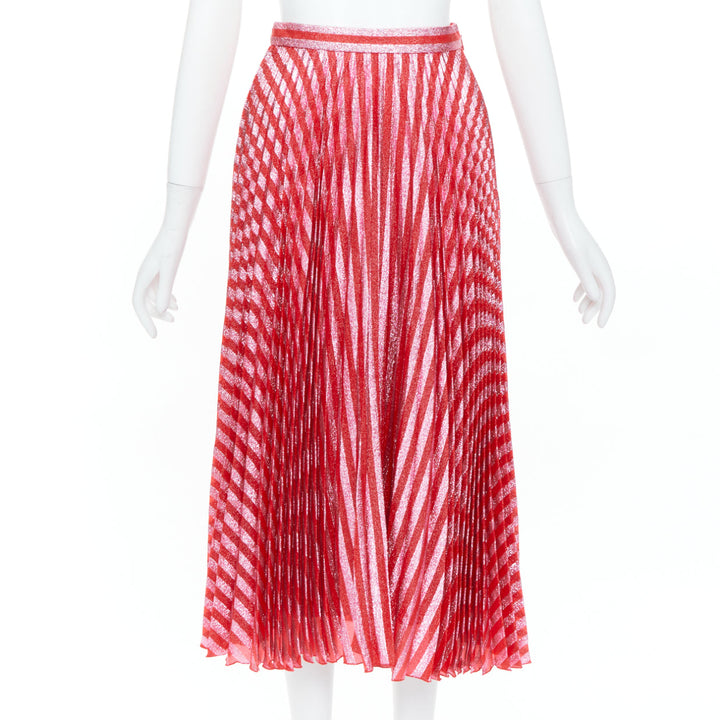 GUCCI 2015 Runway red pink chevron stripe lurex silk pleated midi skirt IT36 XXS