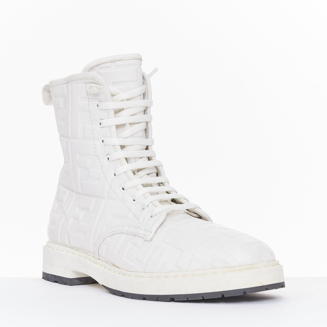 FENDI 2019 Nappa FF Embossed Karligraphy white leather lace combat boots EU38.5