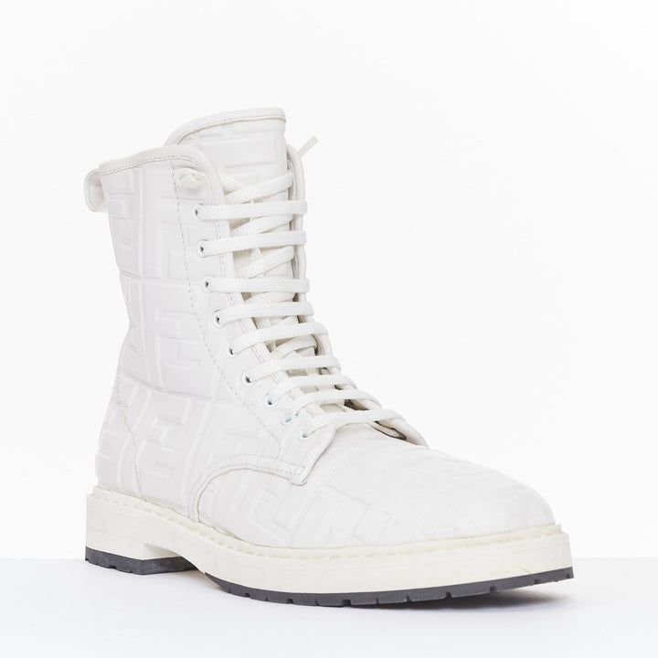 FENDI 2019 Nappa FF Embossed Karligraphy white leather lace combat boots EU38.5