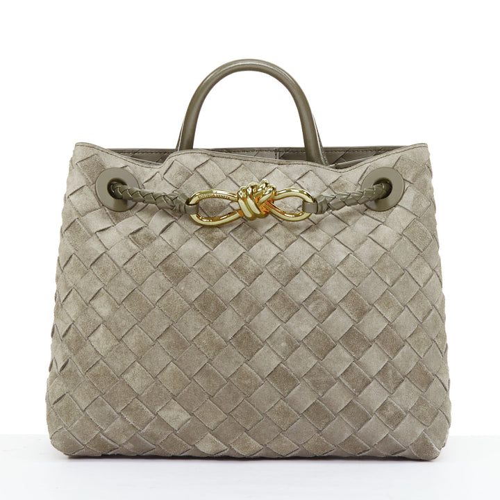 BOTTEGA VENETA Small Andiamo grey intrecciato suede gold knot tote bag