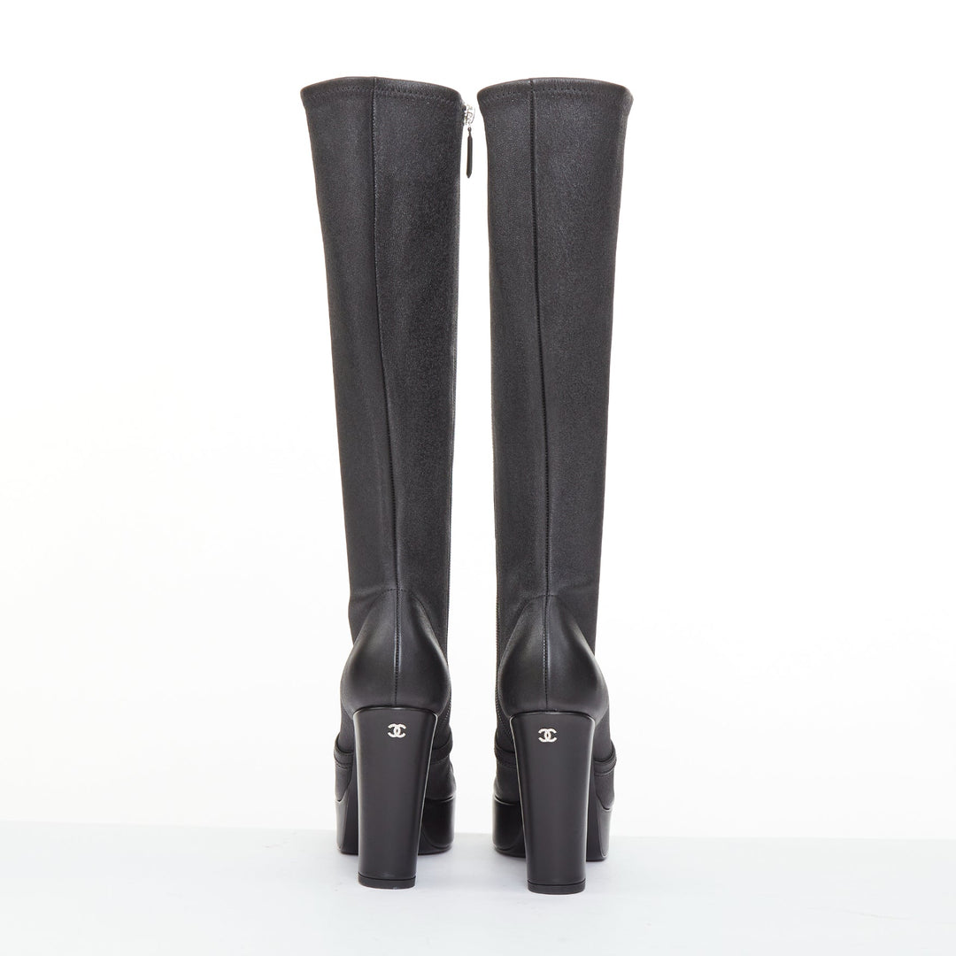 CHANEL 2024 black stretch leather cap toe platform block knee high boots EU38.5C