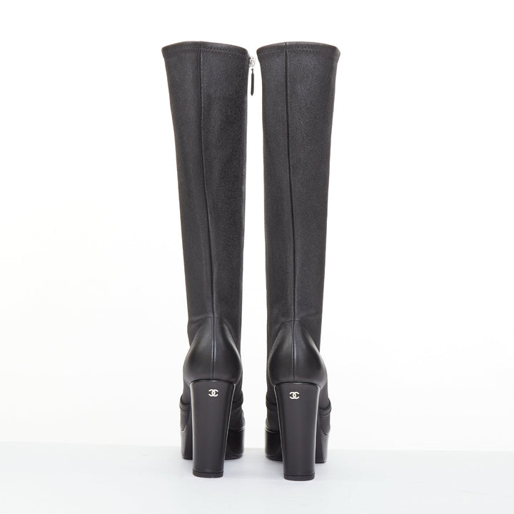 CHANEL 2024 black stretch leather cap toe platform block knee high boots EU38.5C