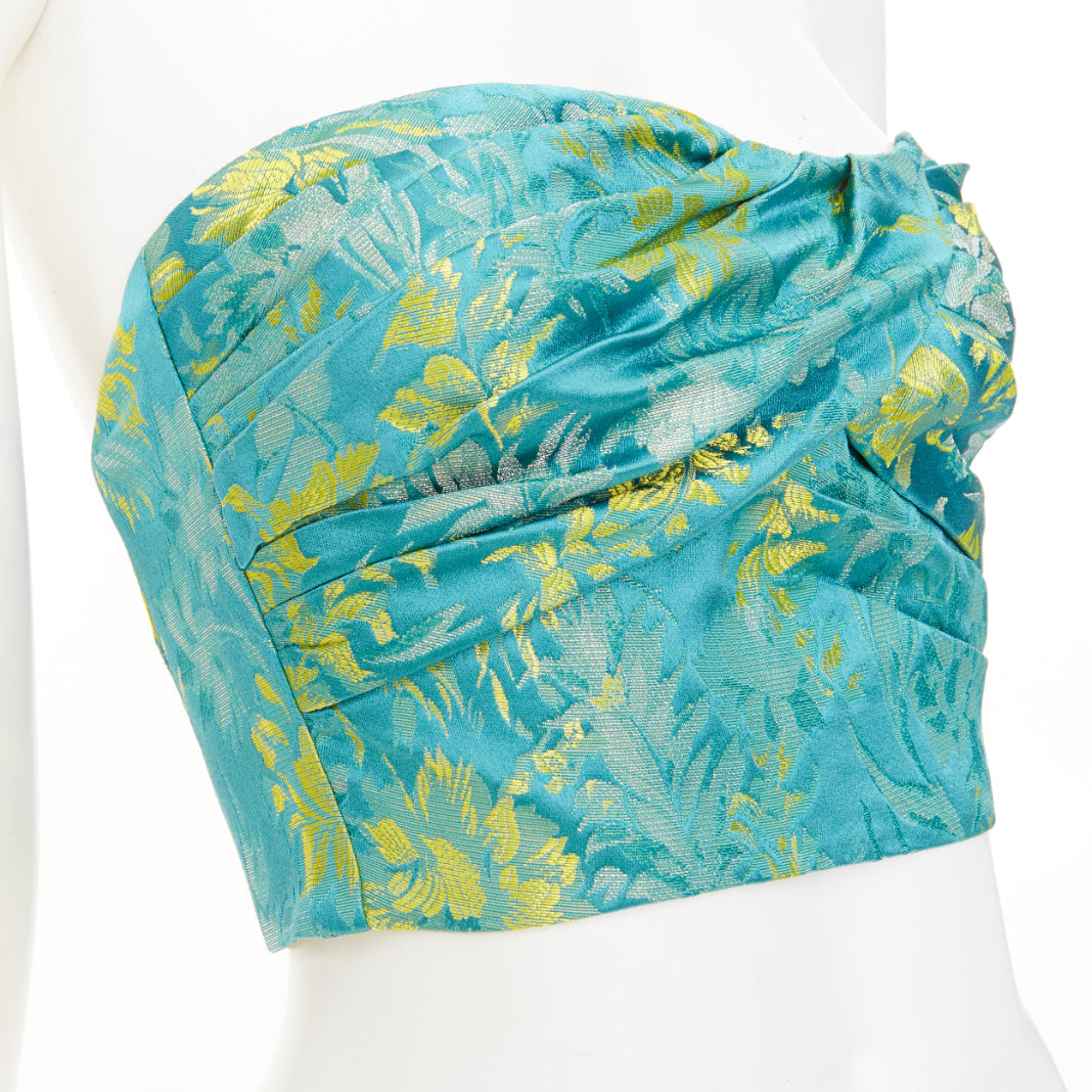 PRADA 2018 green yellow silk floral jacquard ruched corset bandeau top IT38 XS