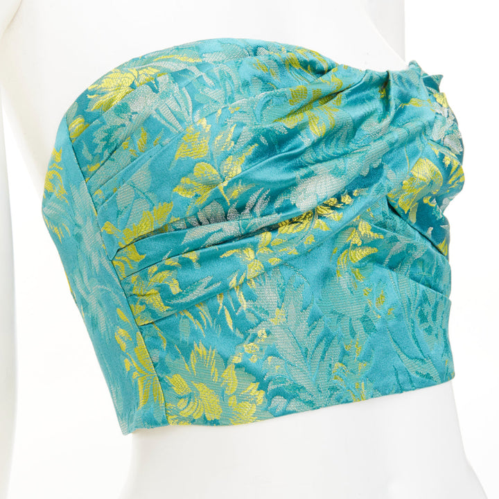 PRADA 2018 green yellow silk floral jacquard ruched corset bandeau top IT38 XS