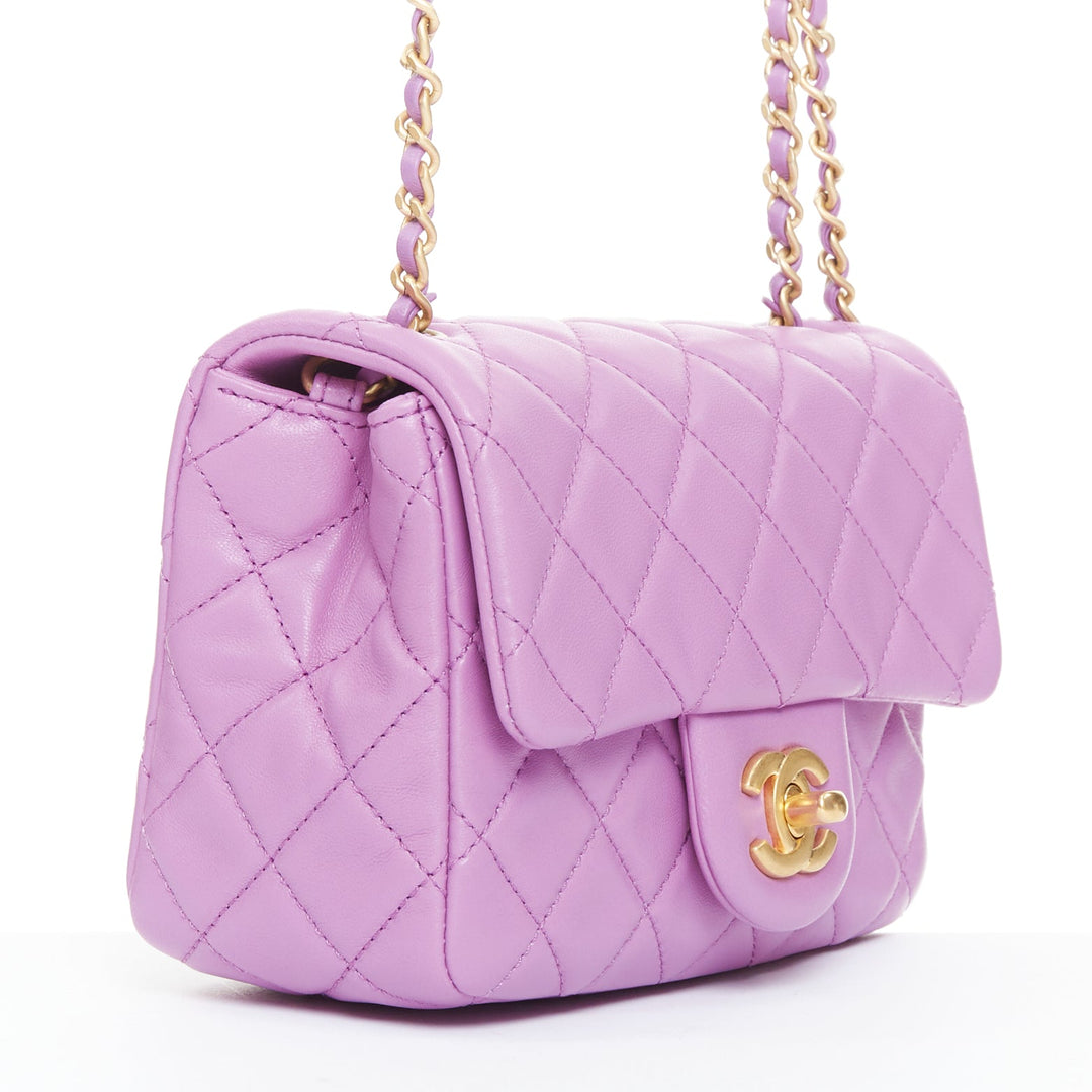 CHANEL Pearl Crush Mini Square Flap purple lambskin age gold globe crossbody bag