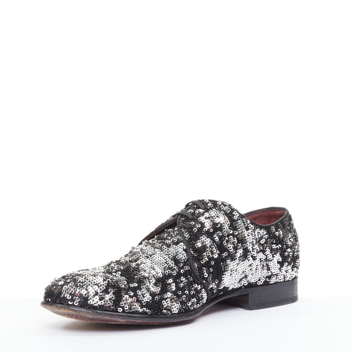 DOLCE GABBANA silver black speckled pailette sequin derby loafer shoes UK9 EU43