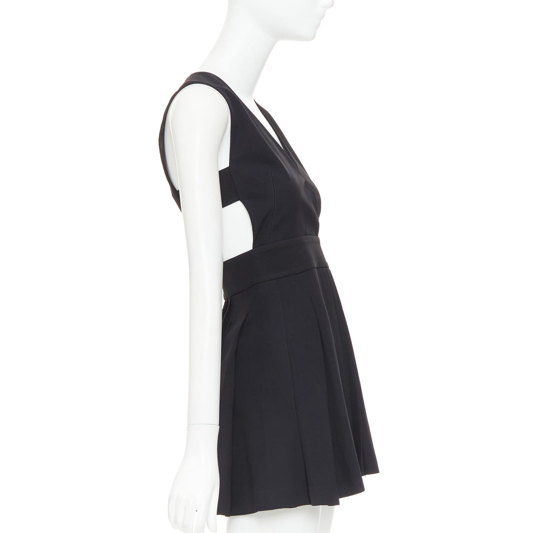 FAUSTO PUGLISI black crepe multi pleated cut out V neck mini dress IT38 XS