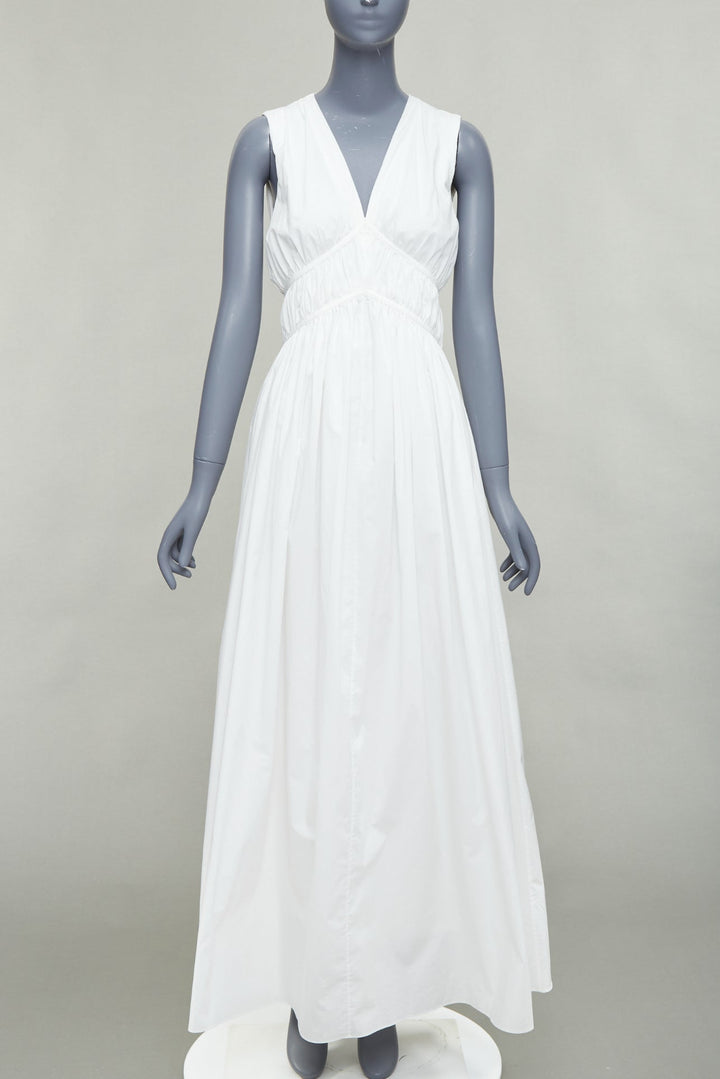 BRUNELLO CUCINELLI white cotton ruched sleeveless plunge maxi dress XS