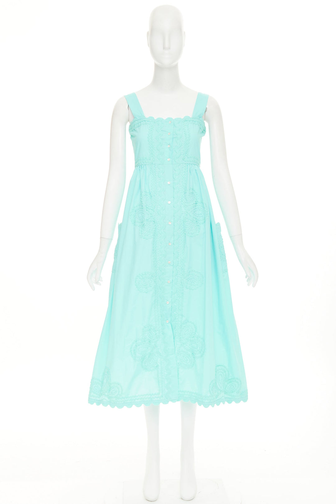JULIET DUNN squiggle applique neon aqua cotton square neck sundress US1 XS