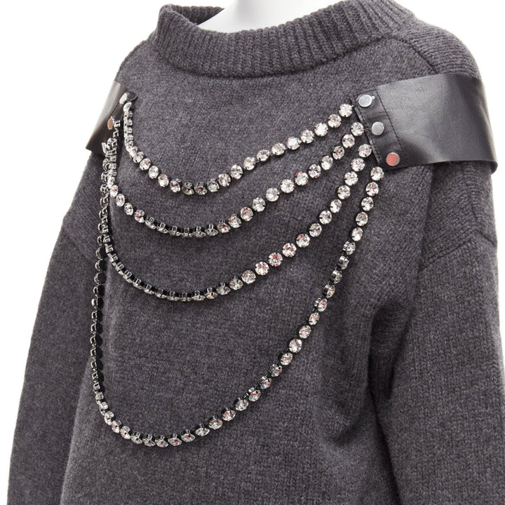 CHRISTOPHER KANE grey wool rhinestone chain harness oversized sweater dress XS
