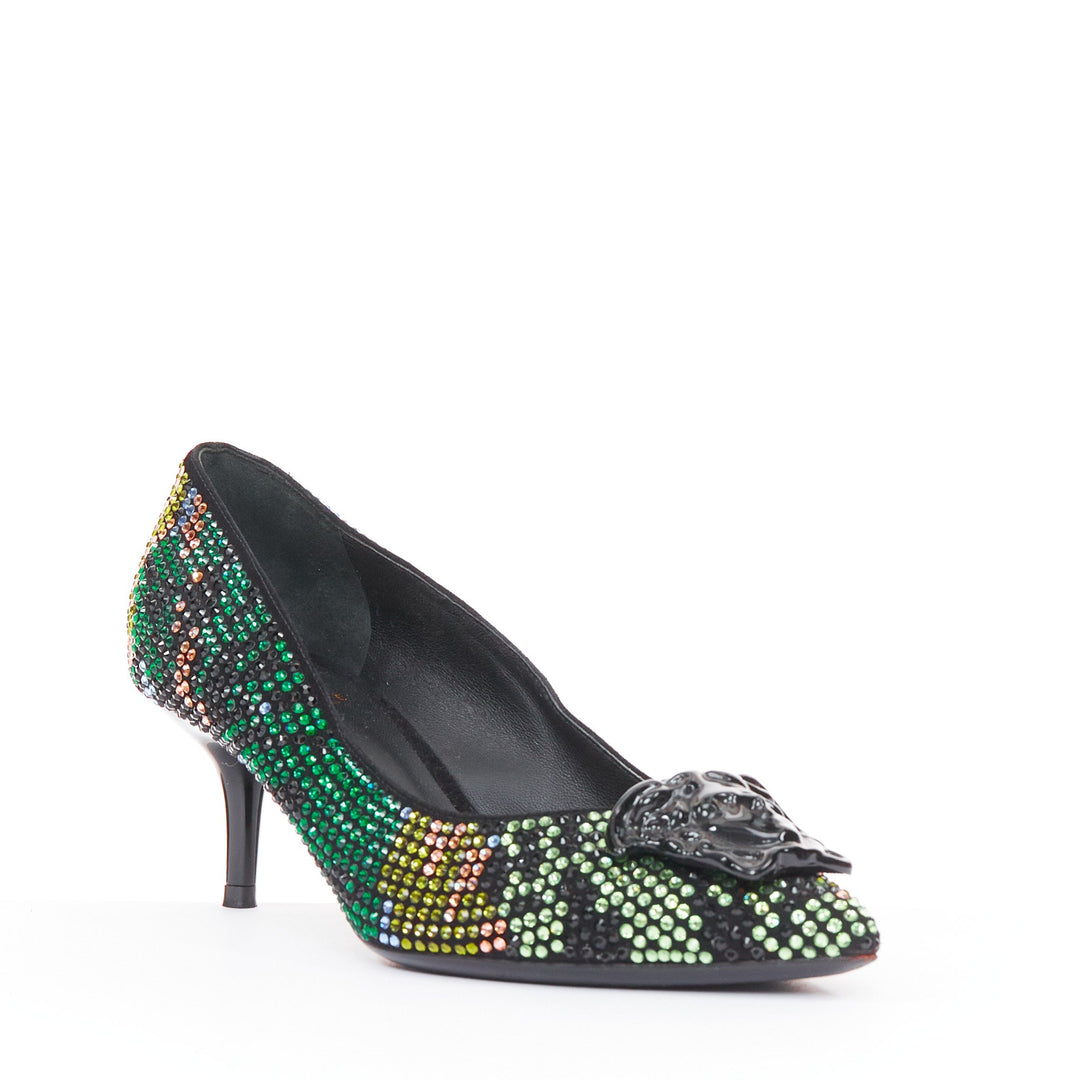 VERSACE 2015 Palazzo camouflage green rhinestone crystal Medusa pumps EU36 US6