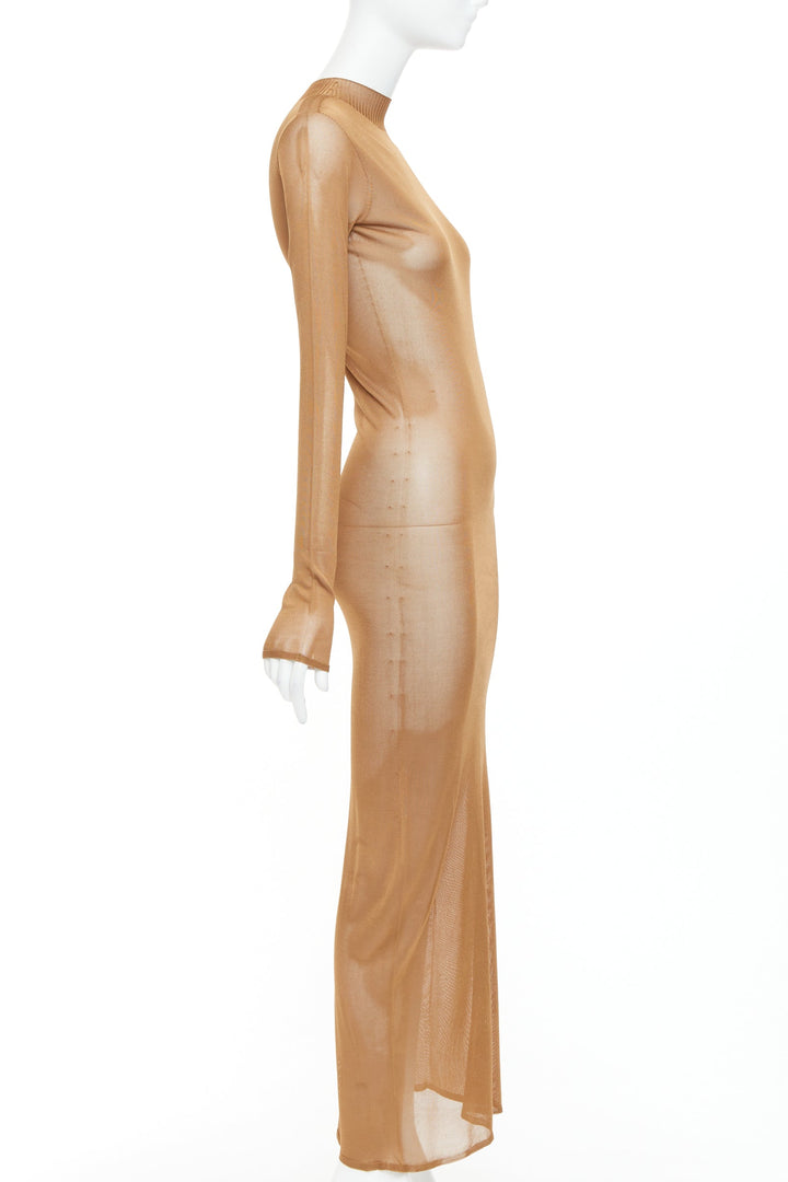 SAINT LAURENT Anthony Vaccarello 2022 warm brown crew neck sheer maxi dress S