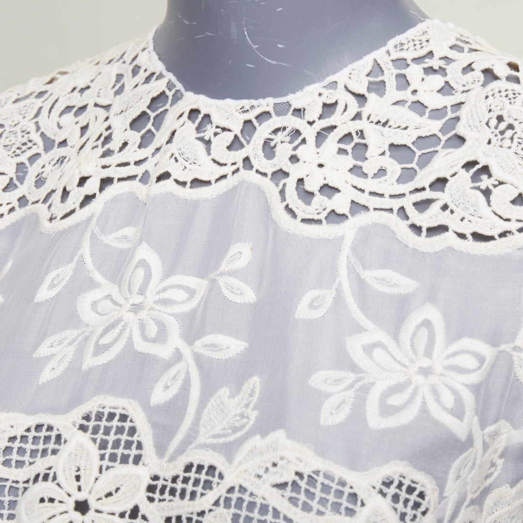 DOLCE GABBANA white beige silk cotton floral embroidered lace crew top IT36 XXS