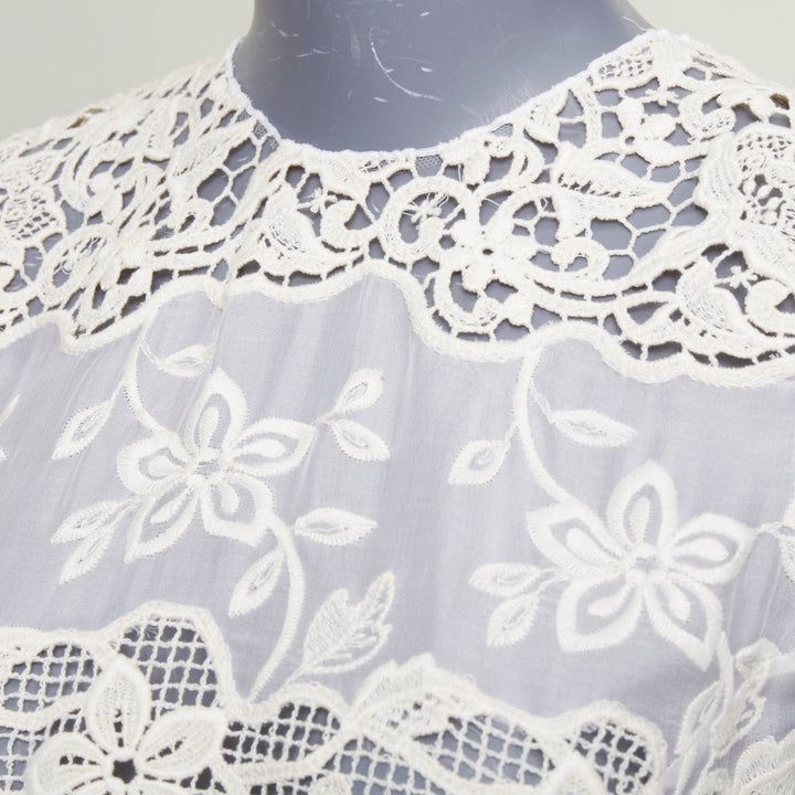 DOLCE GABBANA white beige silk cotton floral embroidered lace crew top IT36 XXS