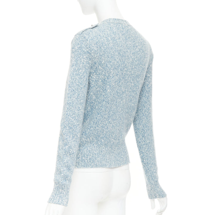 CHANEL blue melange cashmere CC turnlock buttons cardigan sweater FR36 S
