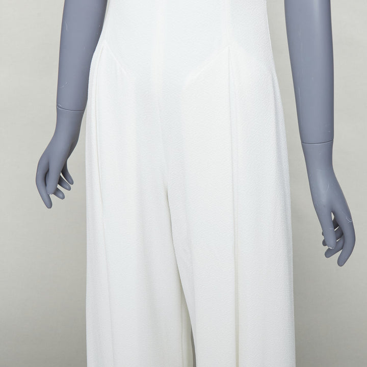 EMILIA WICKSTEAD cream cloque wide leg v neck belted jumpsuit UK8 S