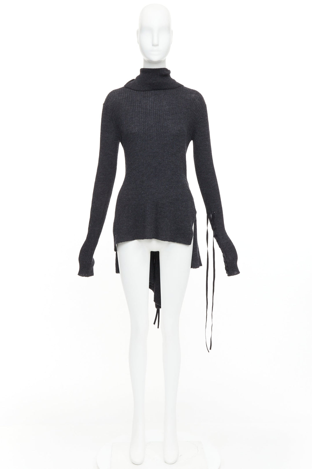 Y'S YOHJI YAMAMOTO grey  wool laced up hi low handkerchief turtleneck top JP2 M