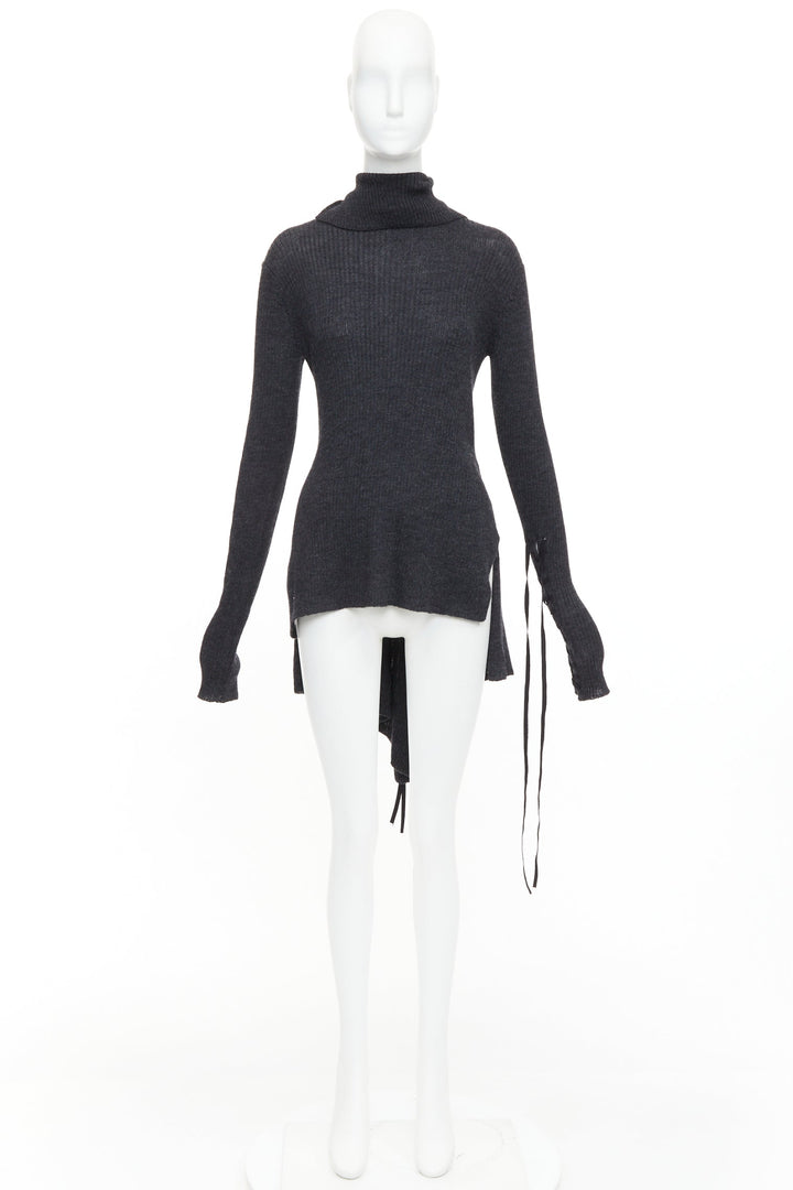 Y'S YOHJI YAMAMOTO grey  wool laced up hi low handkerchief turtleneck top JP2 M