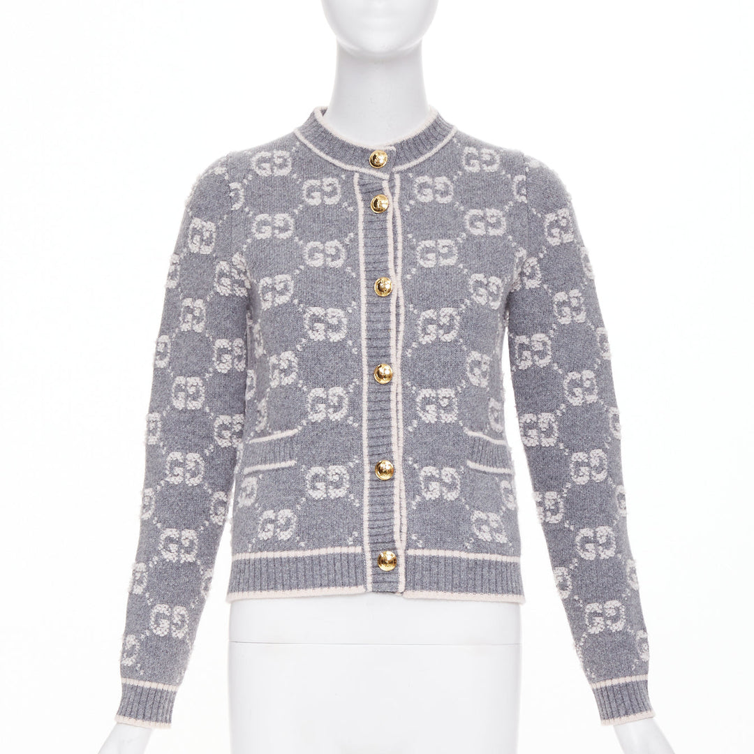 GUCCI 2021 grey cream GG Supreme jacquard boucle wool cardigan jacket IT40 S