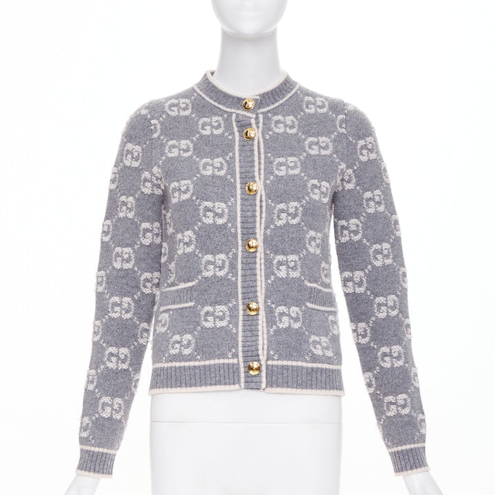 GUCCI 2021 grey cream GG Supreme jacquard boucle wool cardigan jacket IT40 S