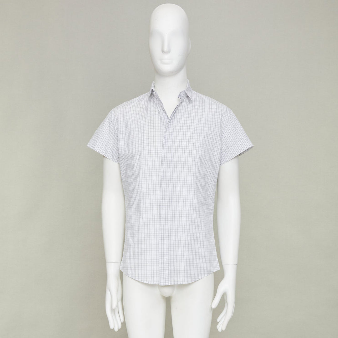 DIOR HOMME grey pinstripe grid cotton poplin short sleeve dress shirt EU39 M