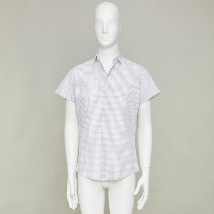 DIOR HOMME grey pinstripe grid cotton poplin short sleeve dress shirt EU39 M