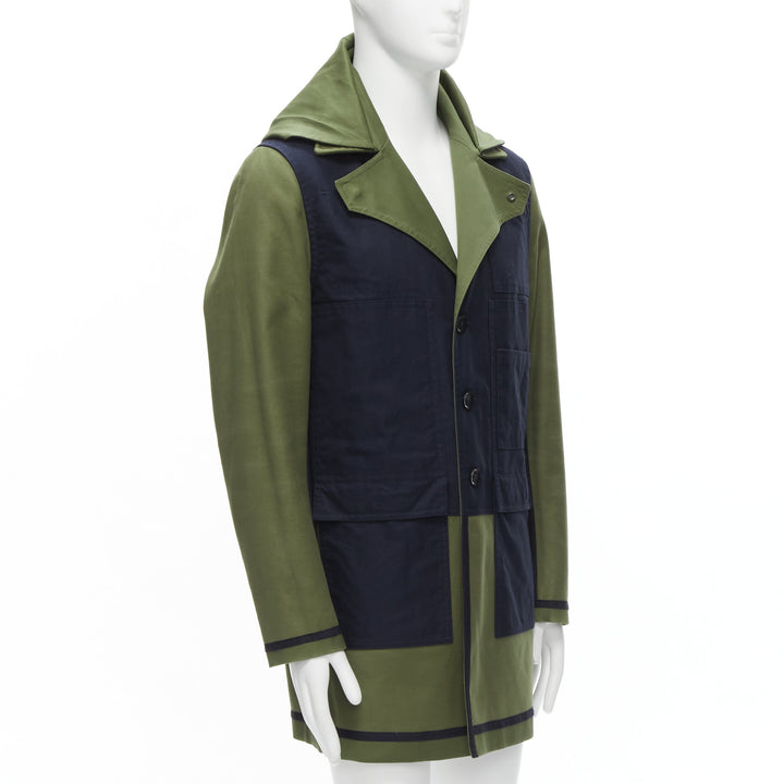 VALENTINO Reversible green navy cotton poplin oversized collar mid coat EU48 M