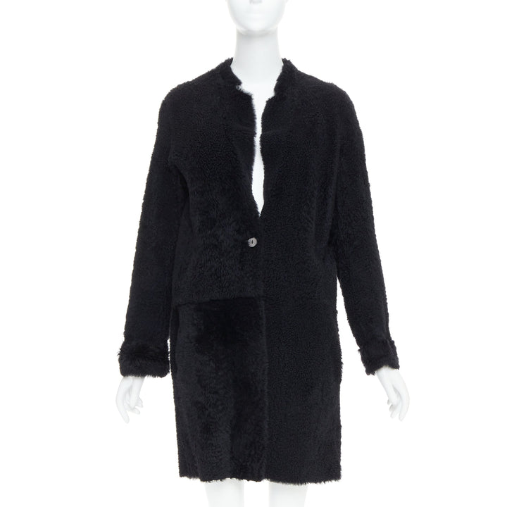 KARL DONOGHUE black lambskin shearling fur single button long coat L