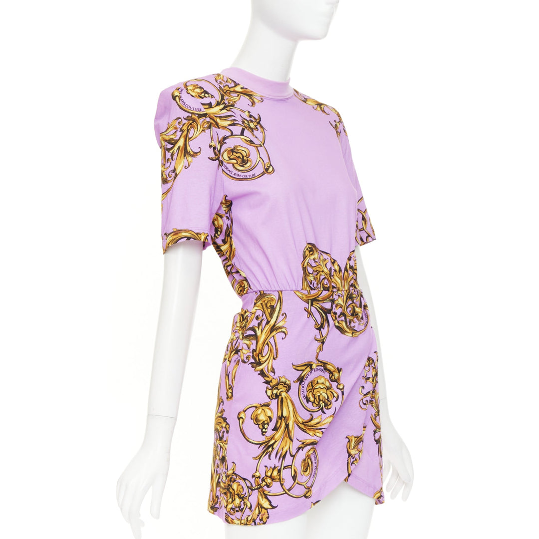 VERSACE JEANS COUTURE 2022 lilac gold baroque padded shoulder wrap dress IT36