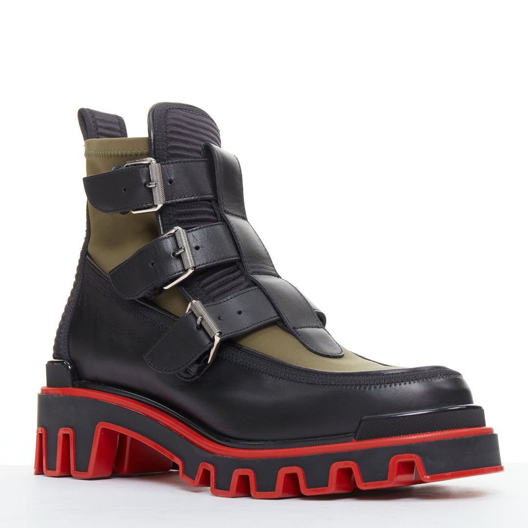 CHRISTIAN LOUBOUTIN Buckle Dune  green nylon leather ridged sole boot EU44