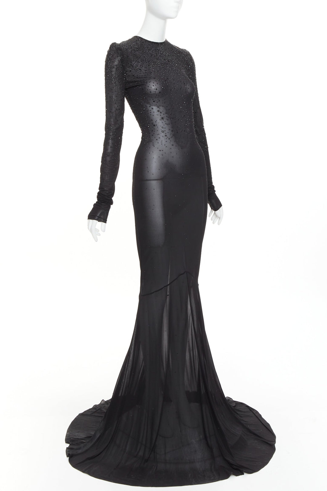 ALEXANDRE VAUTHIER black sheer degrade crystal long sleeve long train gown dress