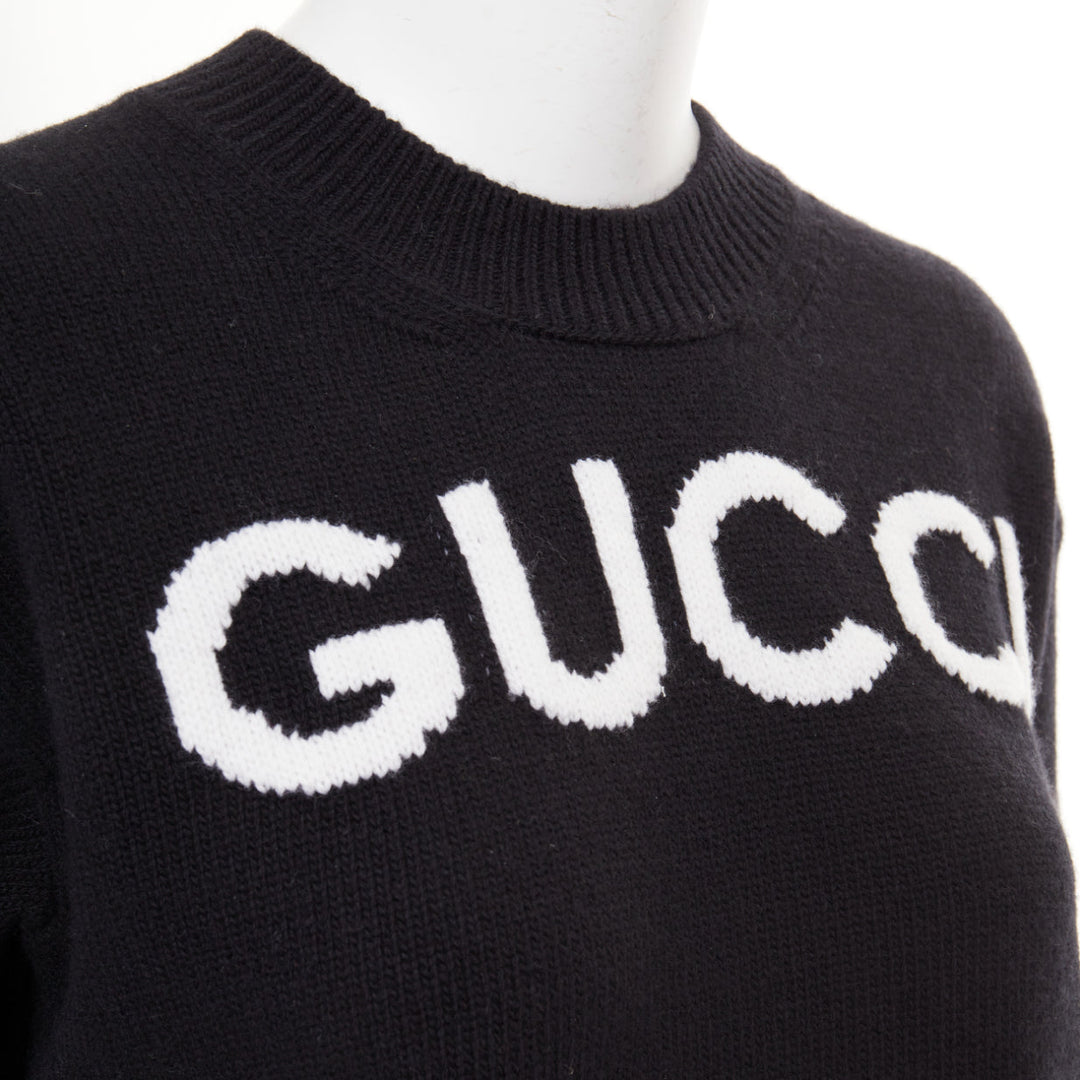 GUCCI black white wool block logo intarsia crew neck pullover sweater S