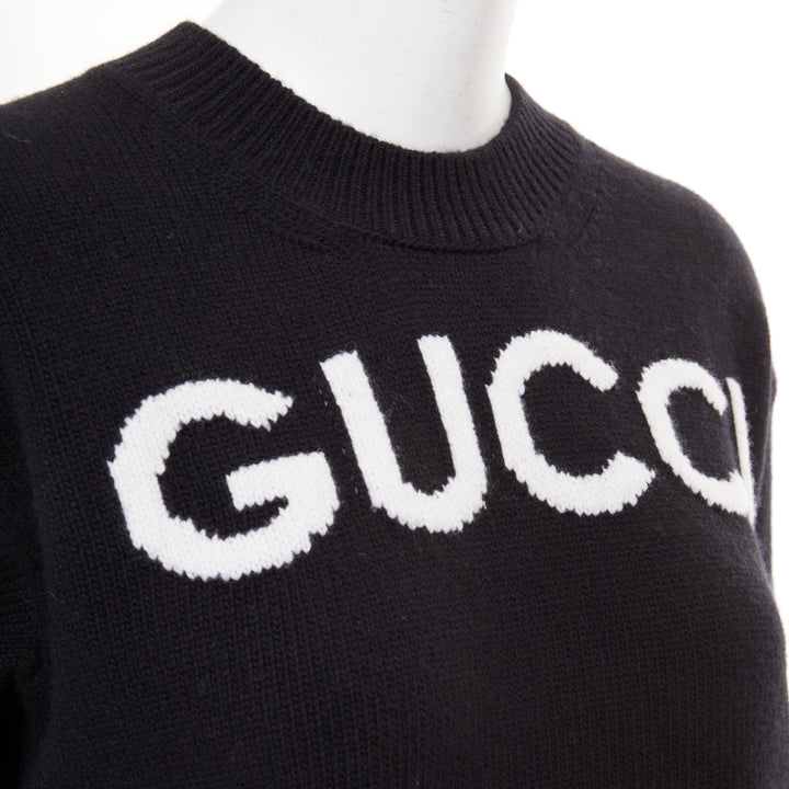 GUCCI black white wool block logo intarsia crew neck pullover sweater S