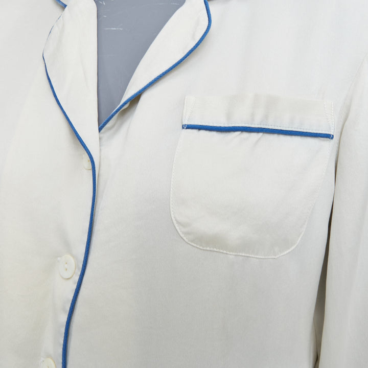 OLIVIA VON HALLE Coco ivory off white blue piping silk sleepwear set Sz1 S