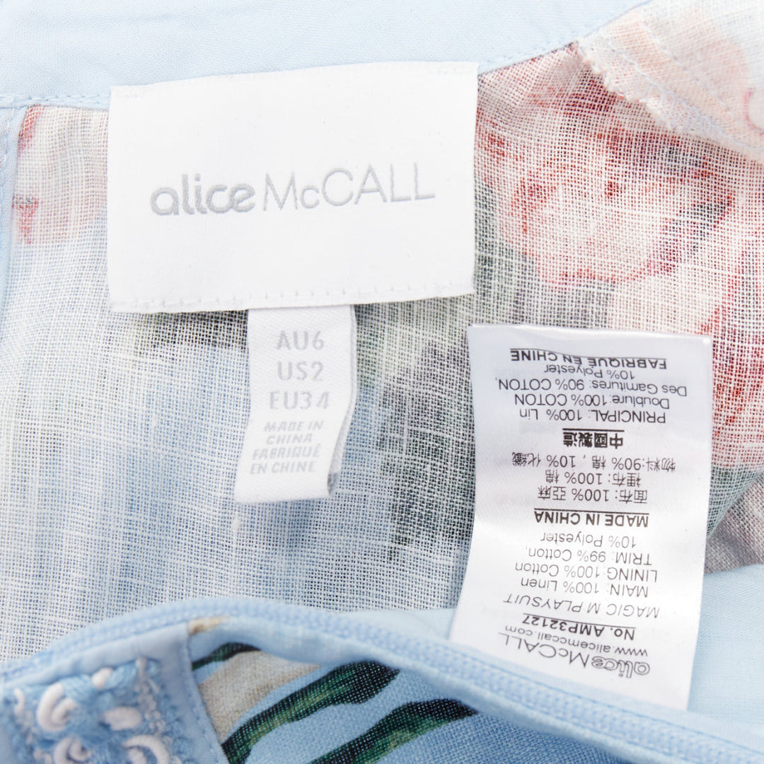 ALICE MCCALL Magic Moment blue linen floral fringed trim playsuit UK6 XS