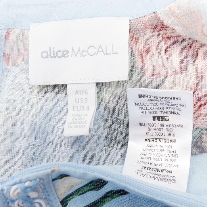 ALICE MCCALL Magic Moment blue linen floral fringed trim playsuit UK6 XS