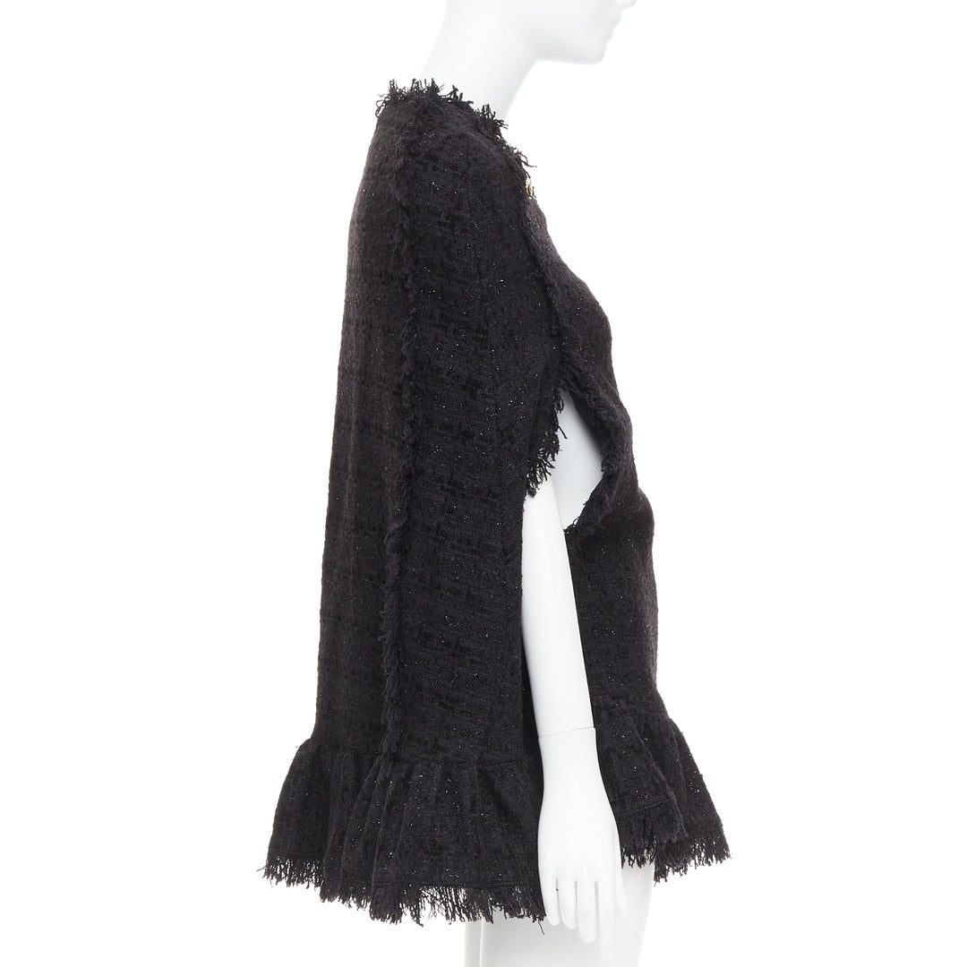 MSGM black tweed gold varsity buttons fringe trim cape coat IT38 XS