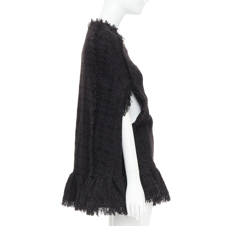 MSGM black tweed gold varsity buttons fringe trim cape coat IT38 XS