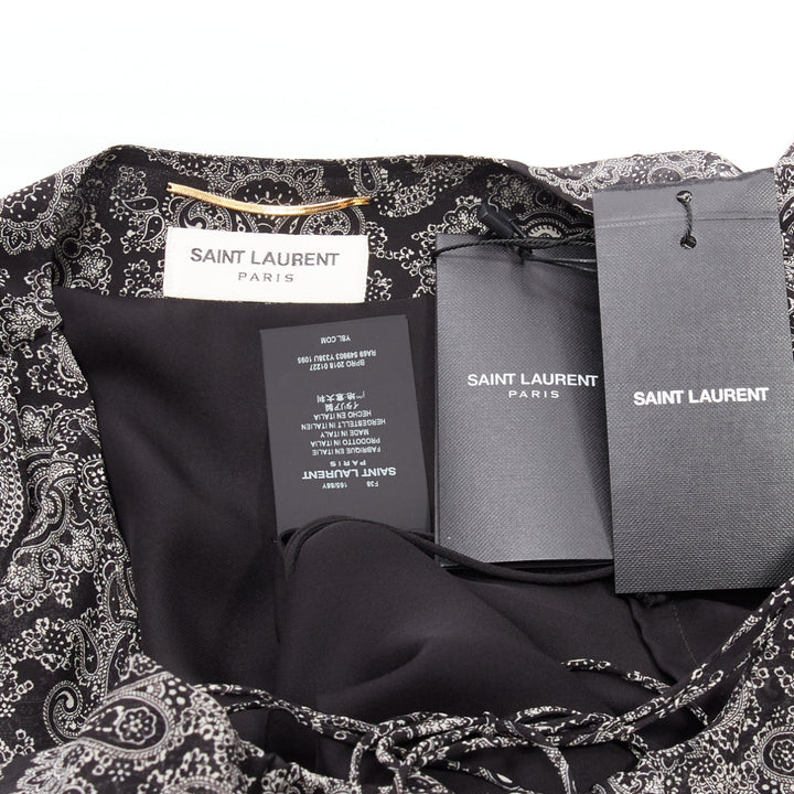 SAINT LAURENT 2018 grey black 100% silk paisley gypsy dress FR38 M