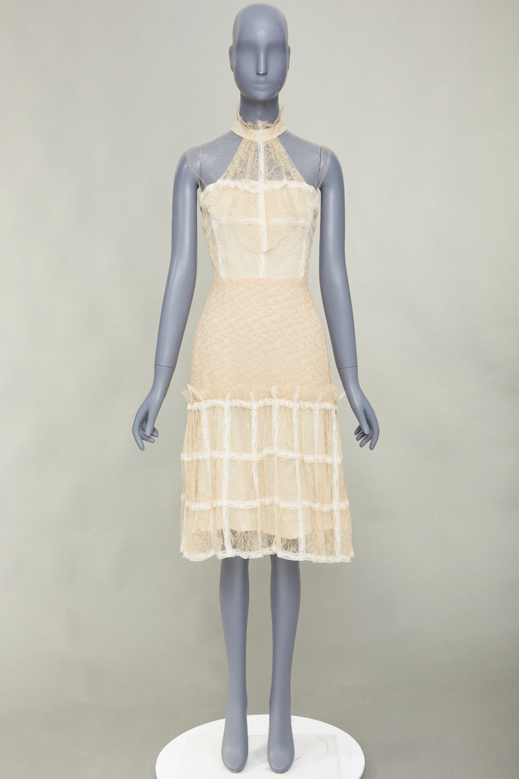 rare RODARTE 2017 halter ruffled panel lace cream beige midi dress US2 XS